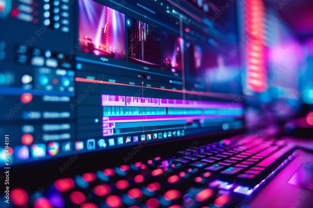 Video editor working on a project using professional software at night Video editor working on a project using professional software at night