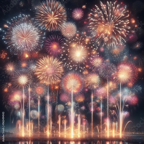 A stunning display of vibrant fireworks illuminates the night sky over a calm waterfront. The variety of colors and patterns creates a mesmerizing visual spectacle, capturing the excitement and