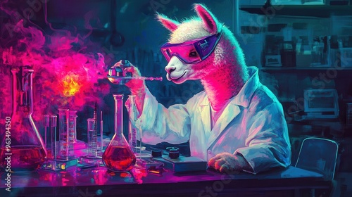 Glowing Science: Alpaca Scientist in Lab Coat Conducting Chemical Experiment - Digital Painting with High Contrast and Vibrant Colors