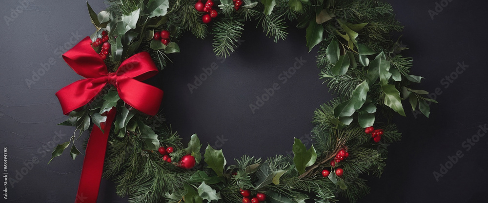 Christmas Wreath with Red Bow and Berries Christmas Wreath with Red Bow and Berries