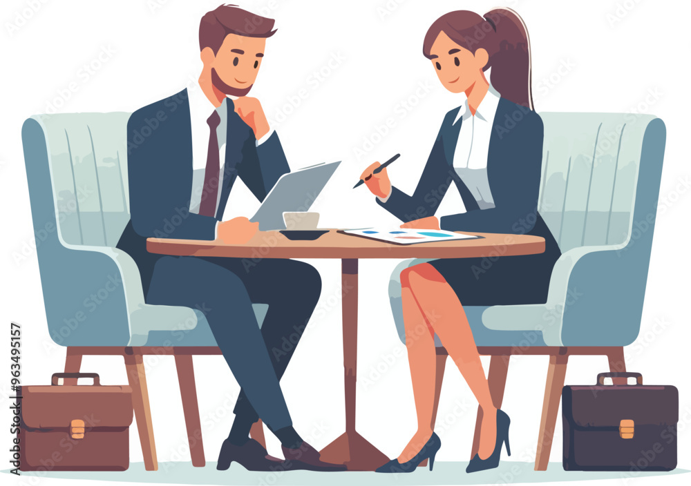 Partners meeting for business discussion with documents and laptop on desk. Couple at round table, speaking, discussing work, partnership. Flat vector illustration isolated on white background Partners meeting for business discussion with documents and laptop on desk. Couple at round table, speaking, discussing work, partnership. Flat vector illustration isolated on white background