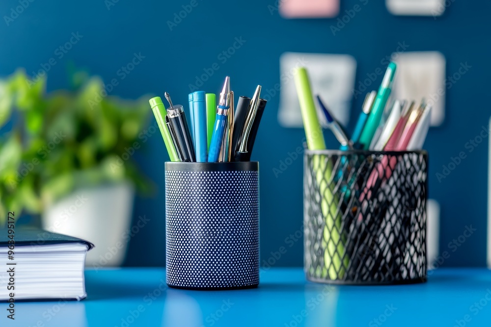 Fototapeta premium Two pen holders with assorted pens and pencils, one on a blue desk with a closed notebook, symbolizing organization, creativity, writing, and office supplies. The blue background and desk create a pro