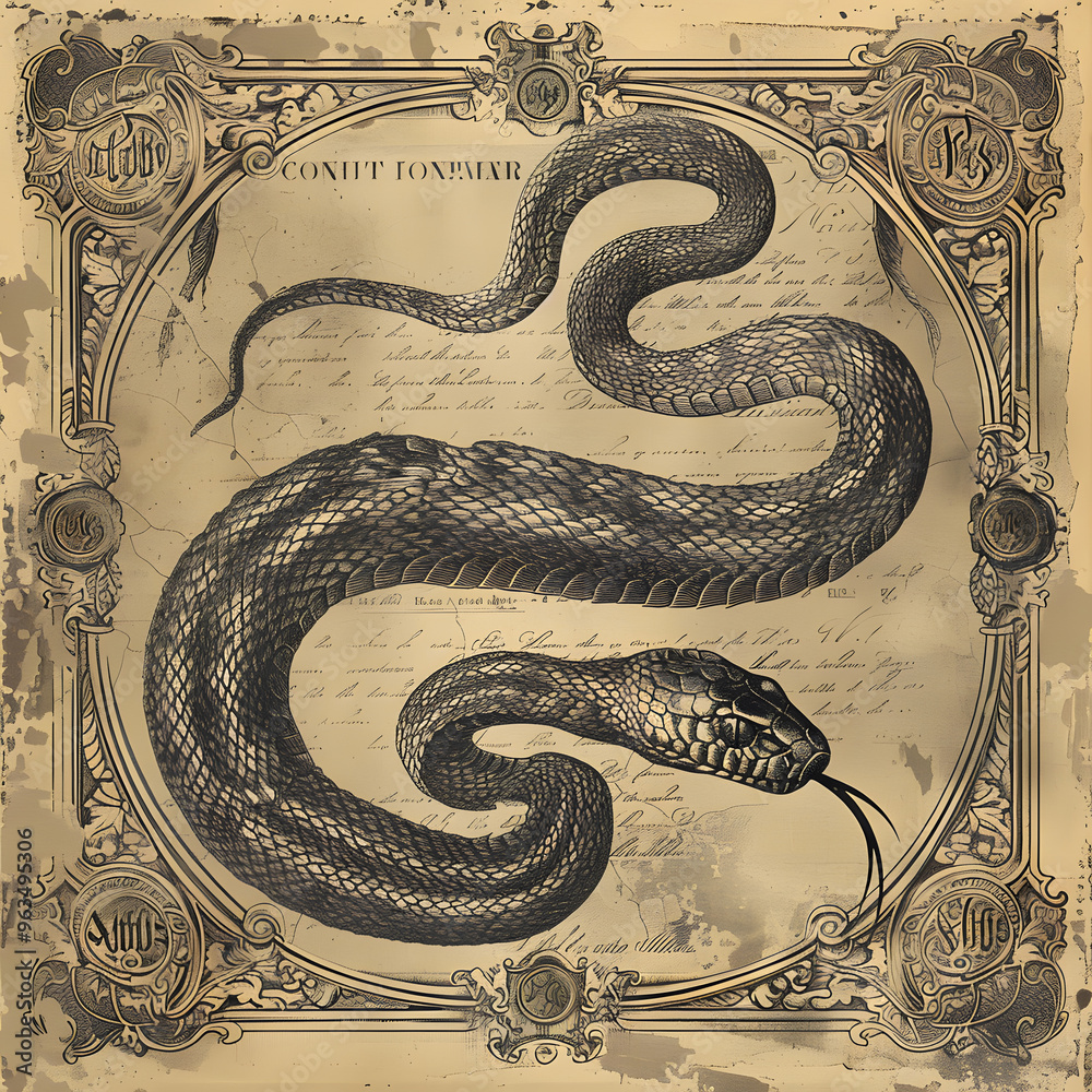 Obraz premium An ornate depiction of a snake, showcasing intricate details on its scales, entwined against a vintage backdrop of illustrations and measurements, emphasizing its scientific significance.
