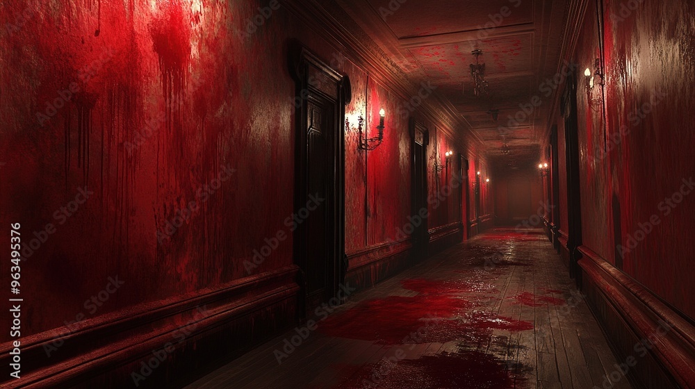Blood-stained walls in a dimly lit corridor. Blood-stained walls in a dimly lit corridor.