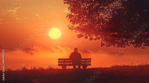 Solitary man on bench during sunset photo