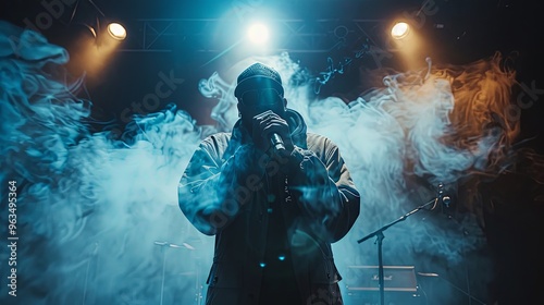 Wallpaper Mural Rap trap and hip hop star performing on nightclub stage with dark background smoke and spotlights Torontodigital.ca