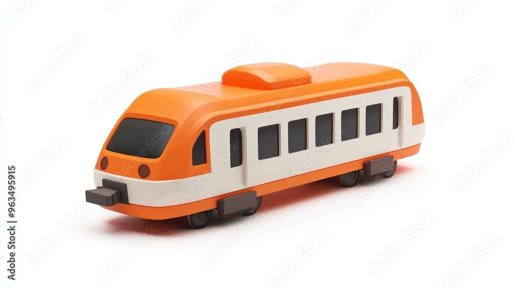 A stylized orange and white toy train model designed for playful settings. A stylized orange and white toy train model designed for playful settings.