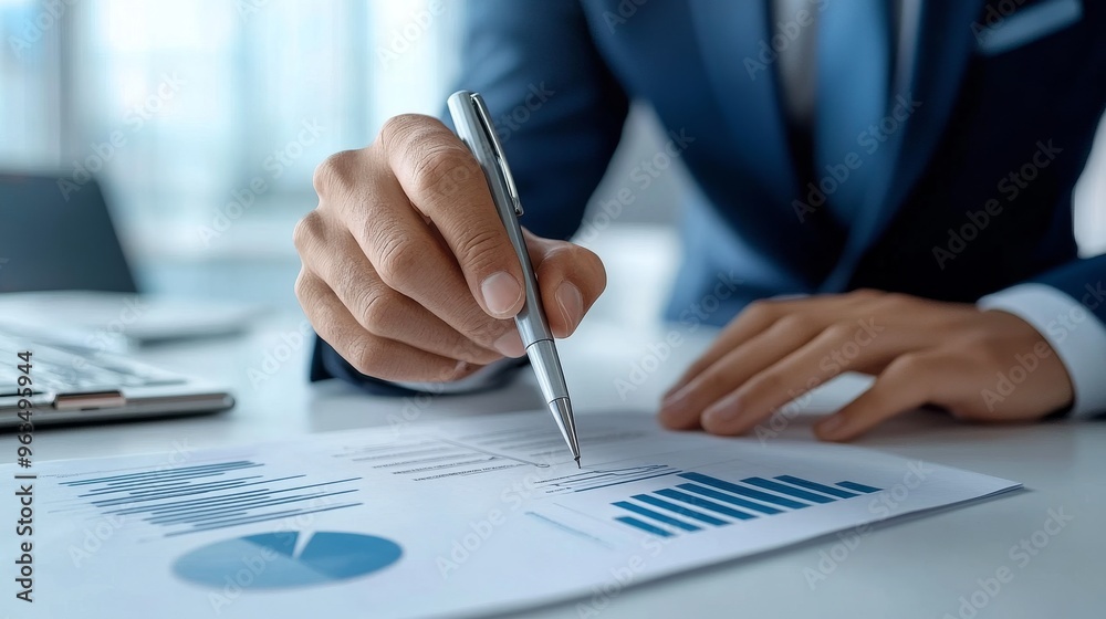 A businessman meticulously examines a business plan, carefully analyzing graphs and charts to make informed investment decisions. The image symbolizes financial planning, strategic analysis, data-driv A businessman meticulously examines a business plan, carefully analyzing graphs and charts to make informed investment decisions. The image symbolizes financial planning, strategic analysis, data-driv