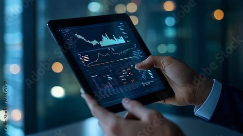 A businessman is shown reviewing financial charts on a tablet in a modern office setting. The image symbolizes success, financial management, technology, data analysis, and professional growth.