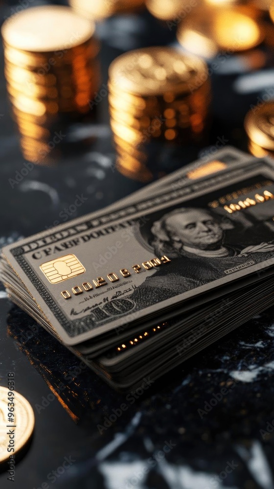 Close-up of black currency notes and gold coins on a dark surface, representing wealth and financial transactions.