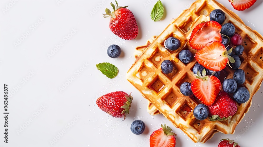 Top view of Belgian waffles with fresh strawberries and blueberries on a white background