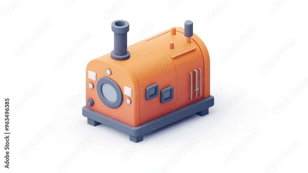A stylized orange industrial machine with a chimney and control panel features.