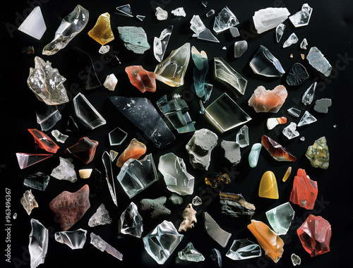 Collection of Assorted Glass Fragments on Black Background
