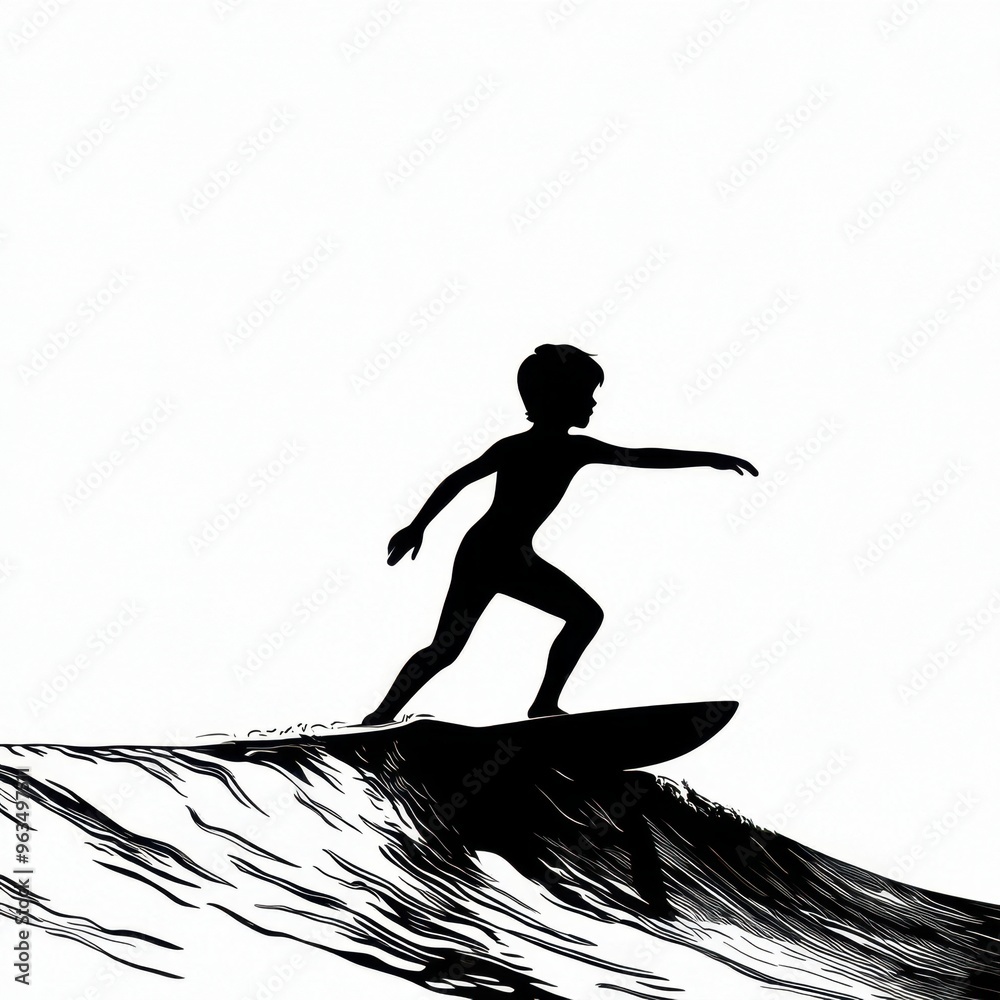 Fototapeta premium Silhouette of surfer riding a wave at sunset: ocean adventure and freedom