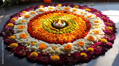 A large rangoli made with alternating layers of fresh flowers and colored powders, with a radiant central Diya photo