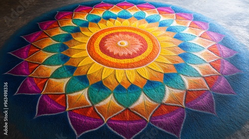 A modern rangoli featuring abstract patterns and shapes, with a gradient of bright colors blending seamlessly into one another photo