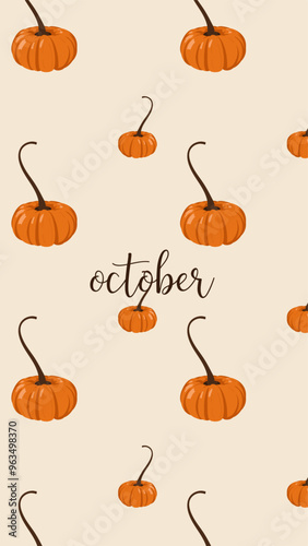 Autumn october poster on beige background with big and small orange pumpkins for social media template poster, banners, wallpapers, patern with text autumn, phones