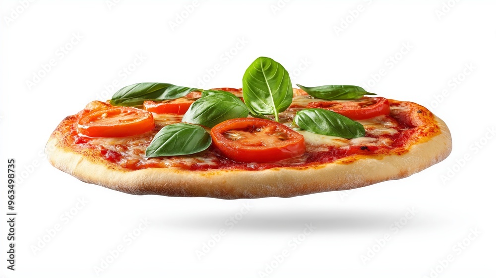 Freshly baked pizza with tomato, mozzarella and basil, isolated on white background. Freshly baked pizza with tomato, mozzarella and basil, isolated on white background.