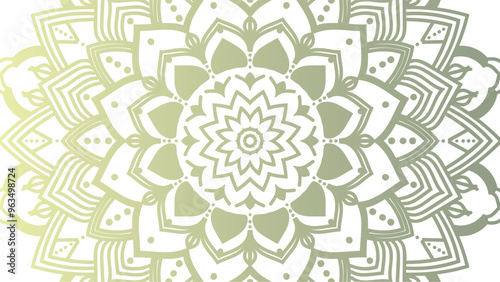 Round mandala on dreamy peach fuzz gradient background. Translucent mesh pattern in the form of a mandala. Mandala with floral patterns. Pastel Yoga template. Gradient background with round mandala