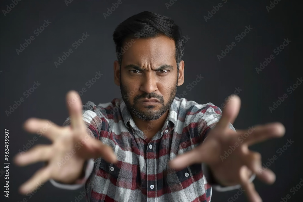 Aggressive Indian man expressing frustration with hand gestures in a dimly lit studio setting Aggressive Indian man expressing frustration with hand gestures in a dimly lit studio setting
