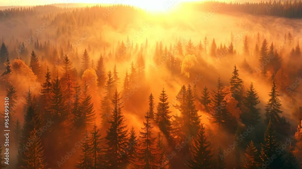 Aerial view of a misty forest at sunrise. The sun is rising above the horizon, casting long shadows from the trees. Aerial view of a misty forest at sunrise. The sun is rising above the horizon, casting long shadows from the trees.