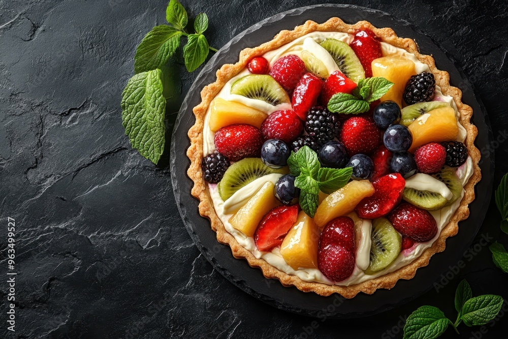 Colorful fruit tart with pastry cream, placed on the right side of a dark stone table, professional overhead shot. Colorful fruit tart with pastry cream, placed on the right side of a dark stone table, professional overhead shot.