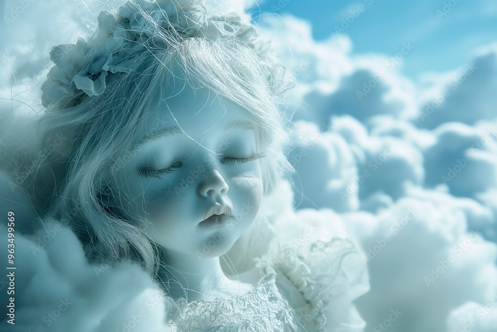 A delicate doll peacefully slumbers amidst soft clouds, surrounded by a dreamy blue sky filled with gentle light. A delicate doll peacefully slumbers amidst soft clouds, surrounded by a dreamy blue sky filled with gentle light.