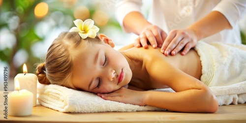 Young girl with frangipani blossoms in her hair is enjoying a soothing back massage from a masseuse at a spa
