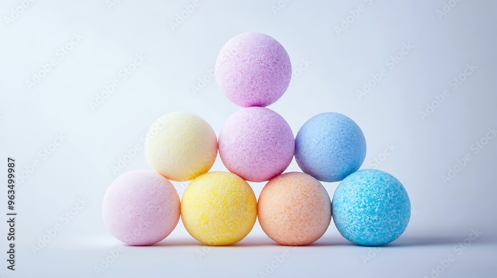 Colorful Bath Bombs in Triangle Shape on White Background Colorful Bath Bombs in Triangle Shape on White Background