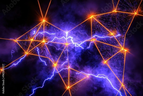 Mesmerizing abstract network of electric plasma lightning bolts against dark background