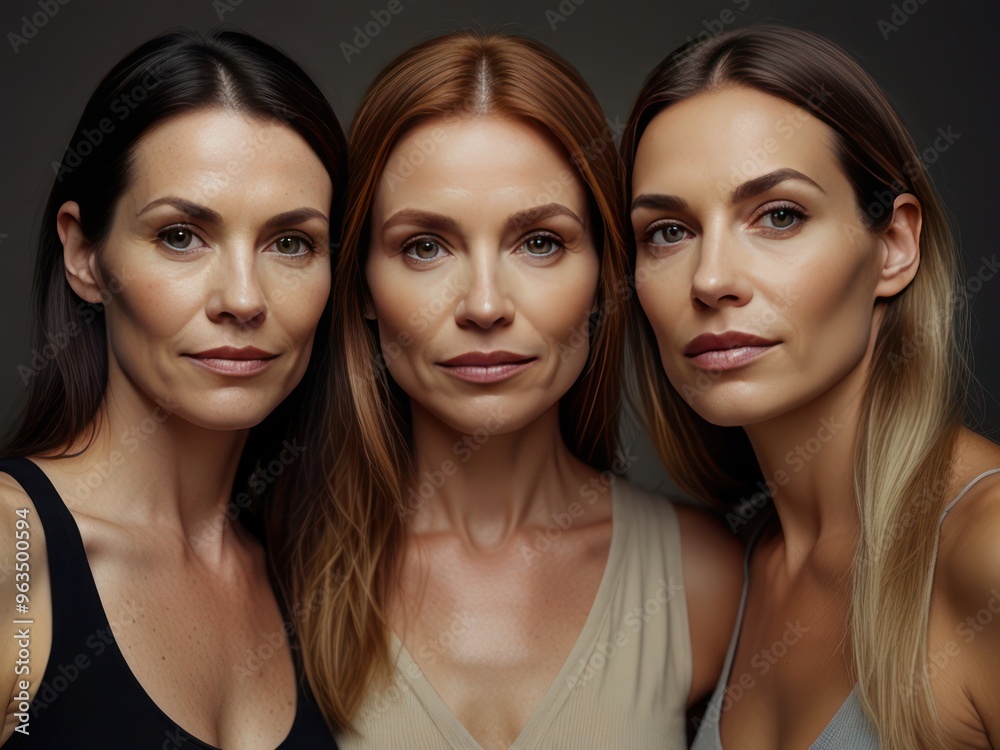 Elegant portrait of three confident women showcasing natural beauty and strength Elegant portrait of three confident women showcasing natural beauty and strength