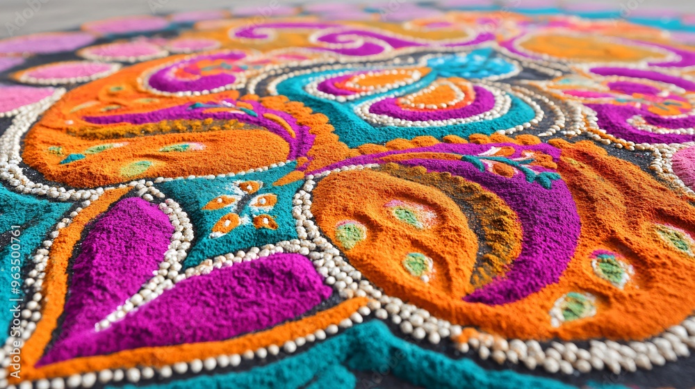 Traditional rangoli with symmetrical paisley patterns, rendered in vibrant powders like fuchsia, turquoise, and orange Traditional rangoli with symmetrical paisley patterns, rendered in vibrant powders like fuchsia, turquoise, and orange