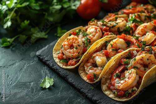 Spicy shrimp tacos with fresh salsa, placed on the right side of a dark stone table, professional overhead shot.