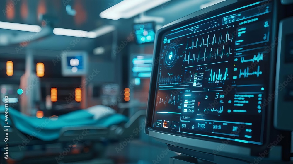 An automated healthcare system remotely monitoring patient vitals in a smart hospital room close up, medical technology realistic, dynamic Multilayer Hospital backdrop An automated healthcare system remotely monitoring patient vitals in a smart hospital room close up, medical technology realistic, dynamic Multilayer Hospital backdrop