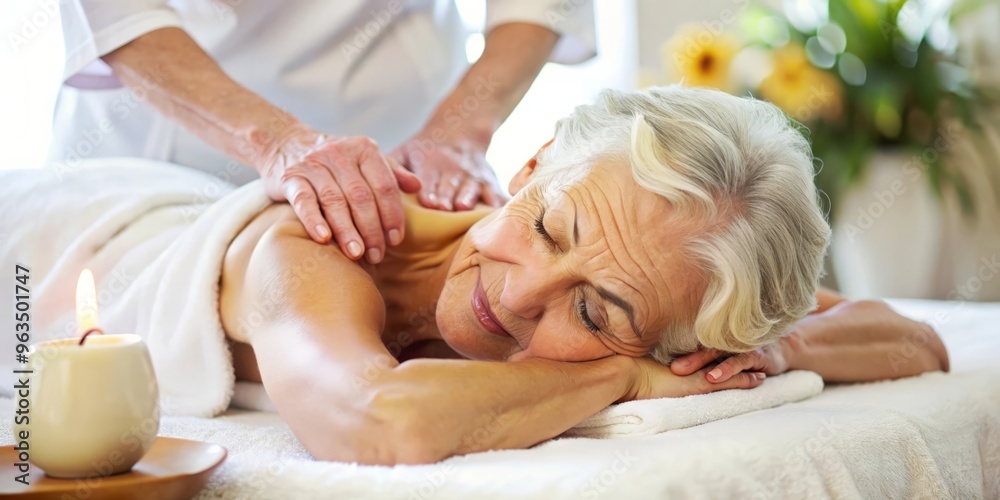 Senior woman receiving a soothing back massage from a masseuse at a spa Senior woman receiving a soothing back massage from a masseuse at a spa