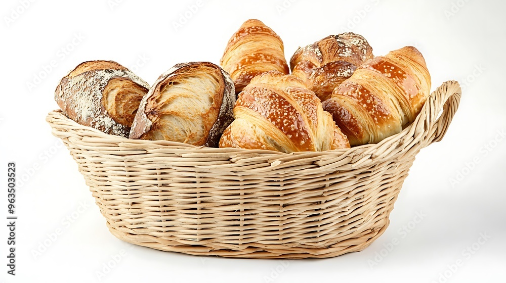 Freshly Baked Croissants and Bread in Wicker Basket Freshly Baked Croissants and Bread in Wicker Basket