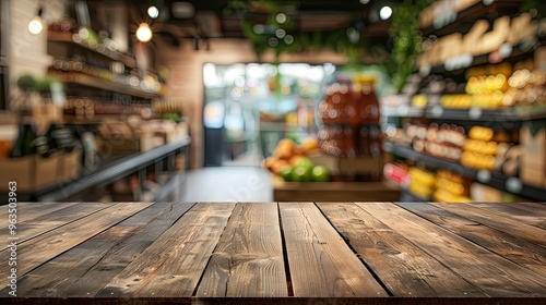 Table is empty with blurry store in background for product display