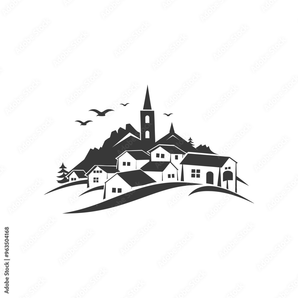 Naklejka premium Silhouette of a Village on a Hill with a Church Spire