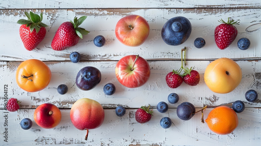 Studio photo of various fruits on white wooden table High resolution image Studio photo of various fruits on white wooden table High resolution image