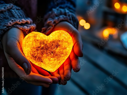 A glowing heart held in warm hands, symbolizing love, warmth, and connection in a cozy atmosphere. photo