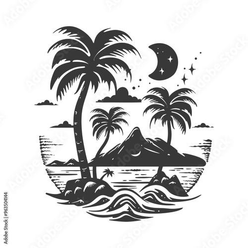 Silhouette of a Tropical Island with Palm Trees and a Crescent Moon