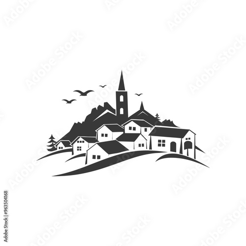 Silhouette of a Village on a Hill with a Church Spire