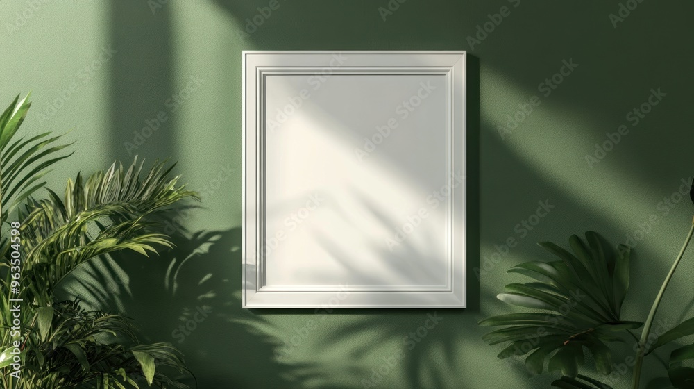 Empty White Frame Against Green Wall With Plants Empty White Frame Against Green Wall With Plants