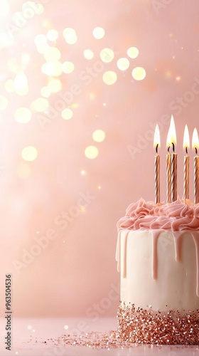 Romantic birthday cake with rose gold glitter details, soft pink background with light sparkles and candles