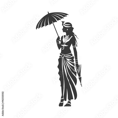 Silhouette of a Woman in Traditional Clothing Holding an Umbrella
