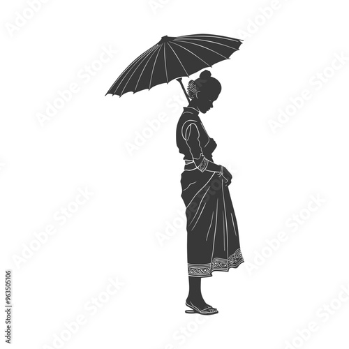 Silhouette of a Woman in Traditional Dress Holding an Umbrella