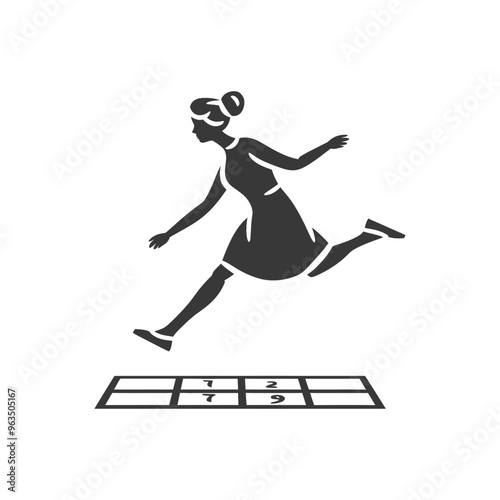 Silhouette of a woman jumping over a hopscotch grid