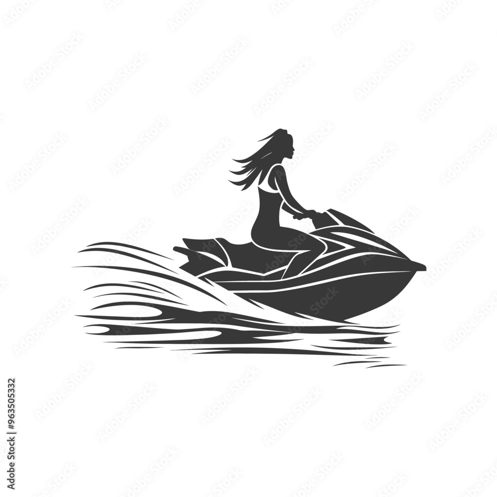Silhouette of a woman riding a jet ski over waves Silhouette of a woman riding a jet ski over waves