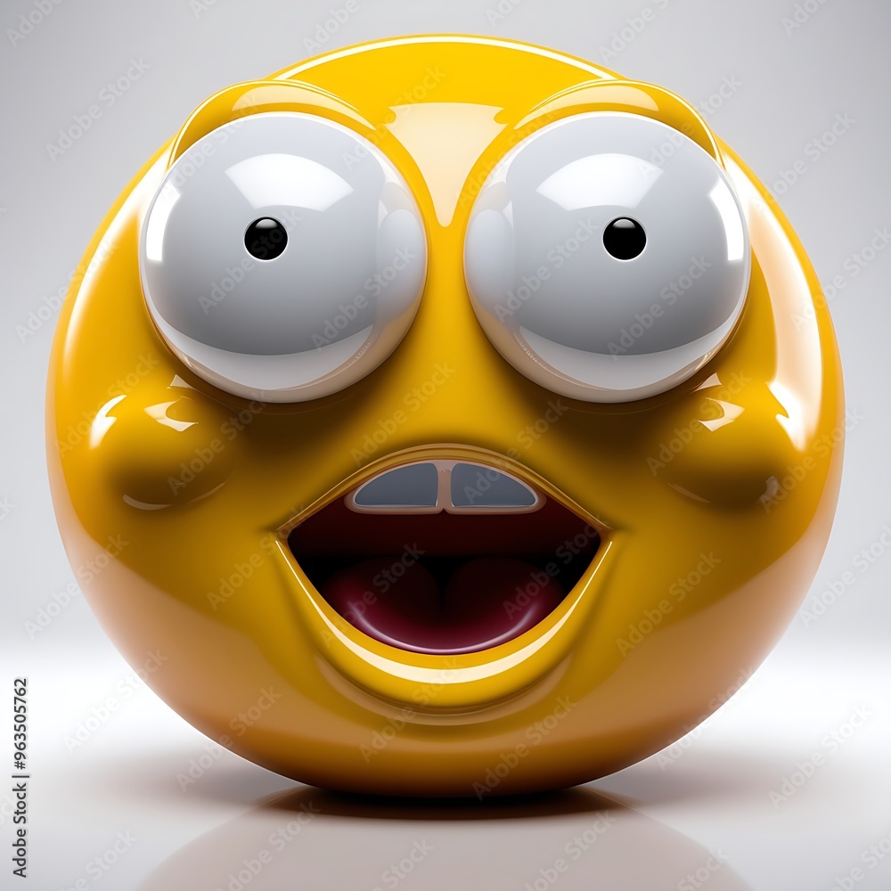 3D emoticon with a surprised expression, bright yellow color, large white eyes, open mouth, glossy rounded shape, isolated on white background 3D emoticon with a surprised expression, bright yellow color, large white eyes, open mouth, glossy rounded shape, isolated on white background