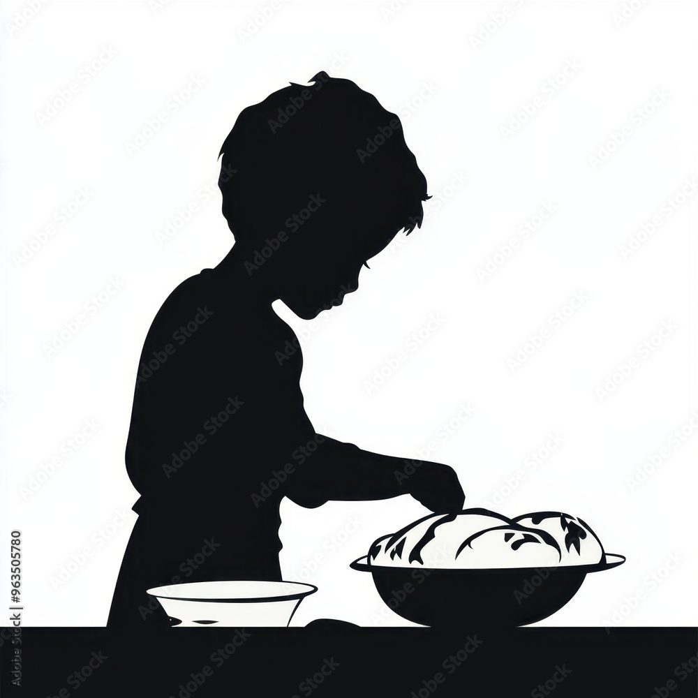 Silhouette of child baking dough in kitchen with mixing bowl Silhouette of child baking dough in kitchen with mixing bowl